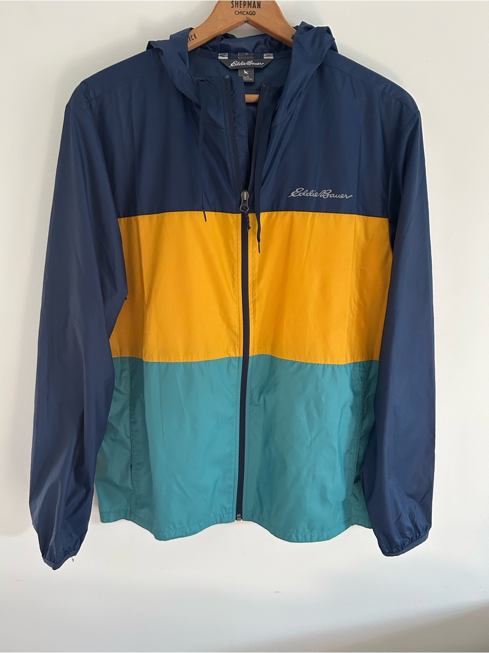 Eddie Bauer Colorblock Hooded Windbreaker - Navy/Yellow/Teal, Men’s Large